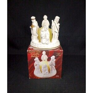 Vtg Giftco Nativity Circle Candle Holder Ceramic W Gold Trim Candle Included
